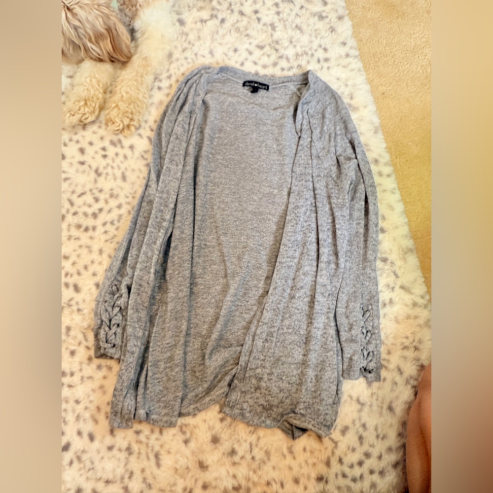 Gray Knit Cardigan with Lace-Up Sleeves